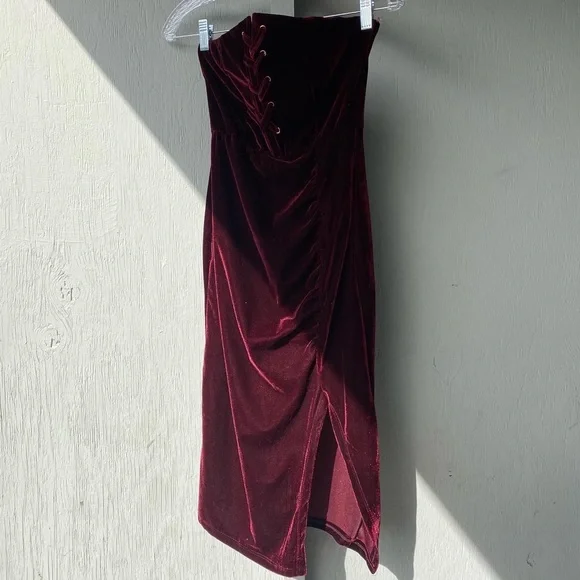 prom dresses in burgundy Strapless Burgundy Velvet Maxi Dress – Floral Burnout Evening Gown L main image 0